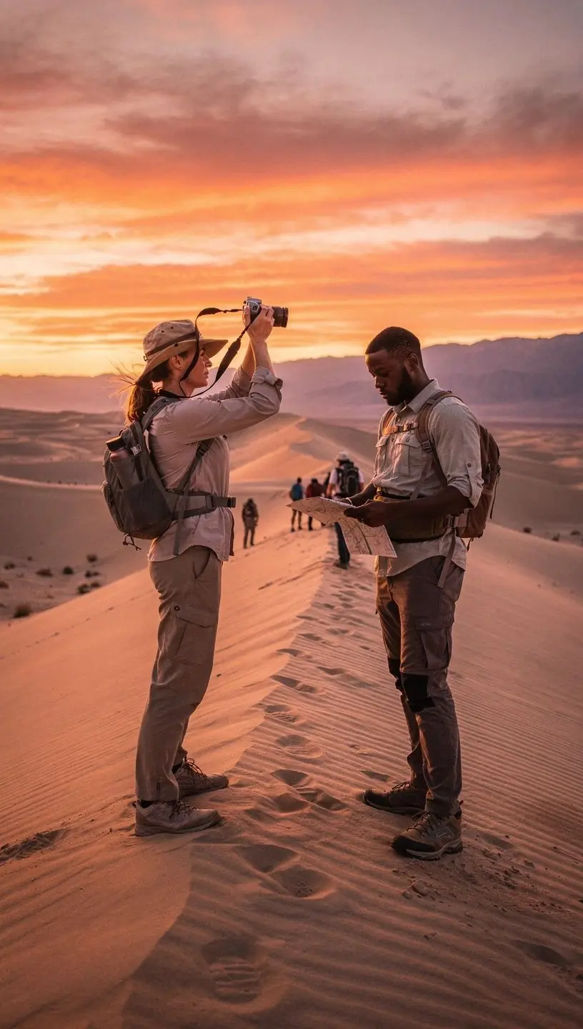 Пейзаж пустыни с солеными равнинами и песчаными дюнами под палящим солнцем.